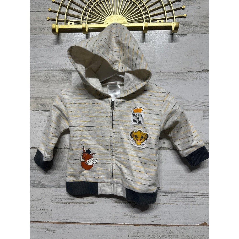 Disney Lion King Zip Hoodie Boys 3-6M Oatmeal Striped Simba Pumbaa EUC